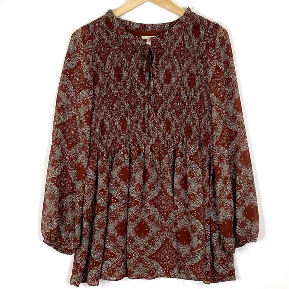 Boho Paisley Blouse Smocked Long Sleeve Sz M Rust Brown Peasant Prairie Hippie - Picture 1 of 10